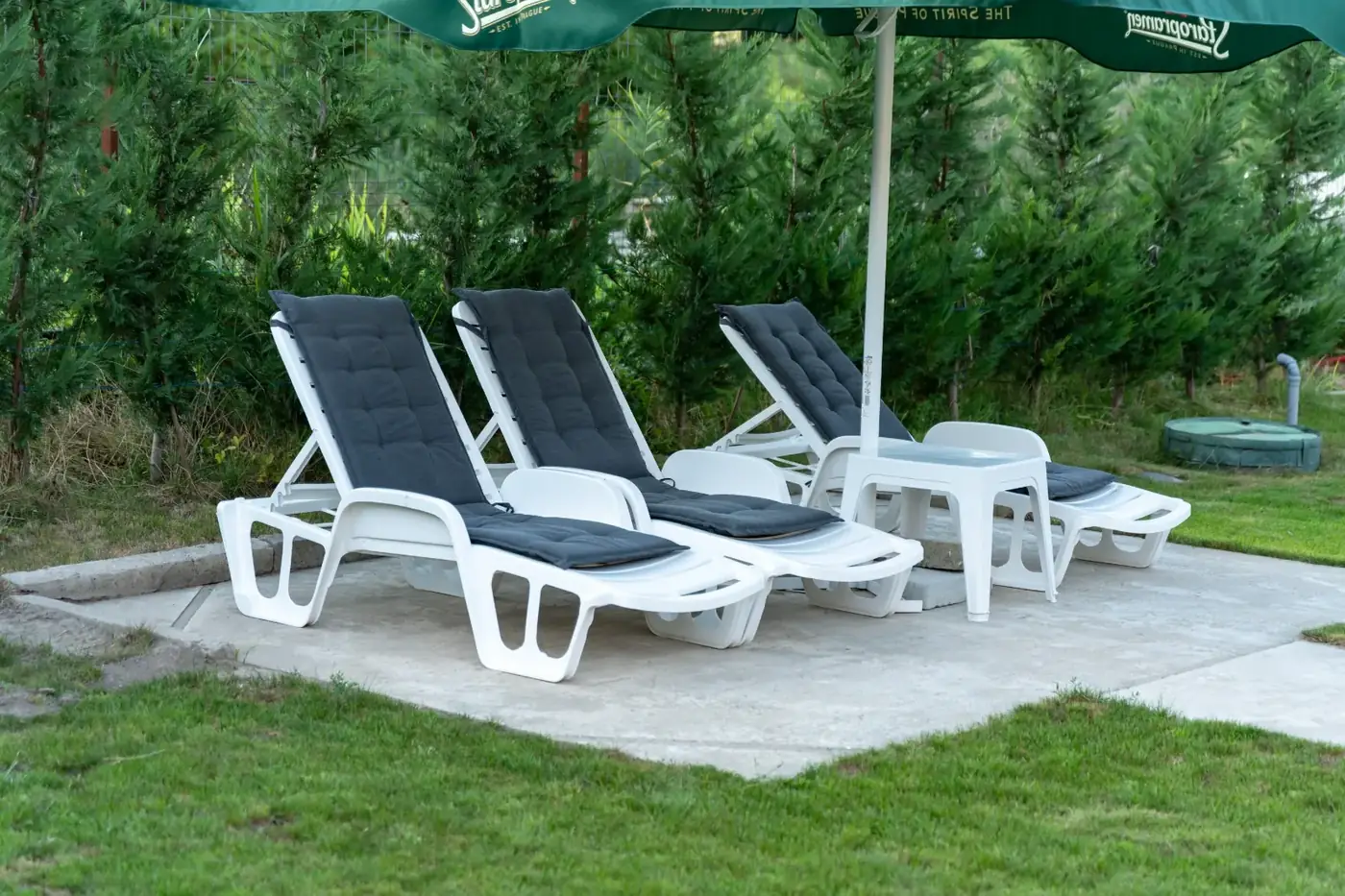 Șezlonguri pentru relaxare în curtea Pensiunii Dunărea